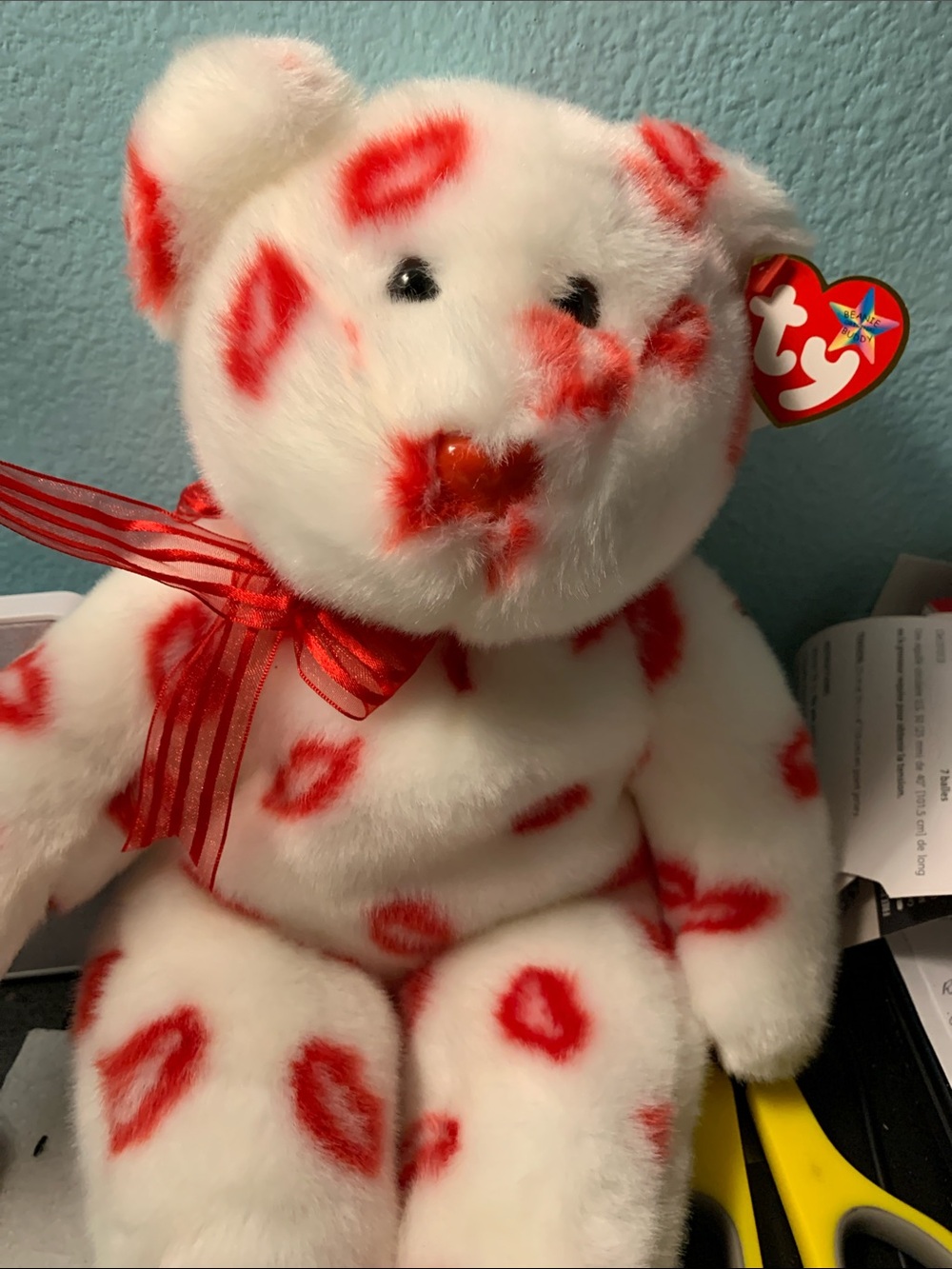Ty “Smooch” White Plush Bear with Red Kiss Prints